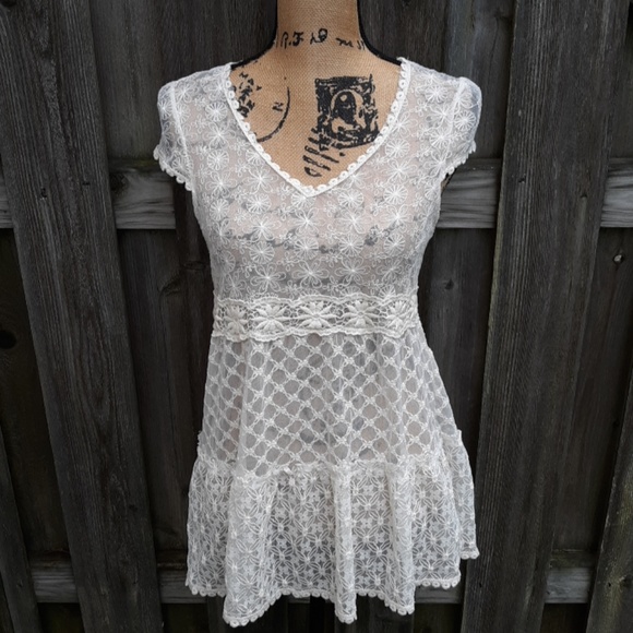 Solitaire Tops - Solitaire Sheer Lace Cream Top S